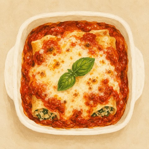 Ilustración de canelones de verdura con salsa de tomate y muzzarella gratinada