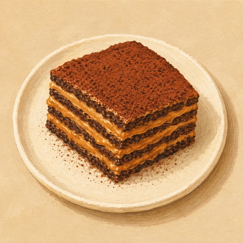 Ilustración de una porción de chocotorta con capas de galletitas de chocolate y dulce de leche